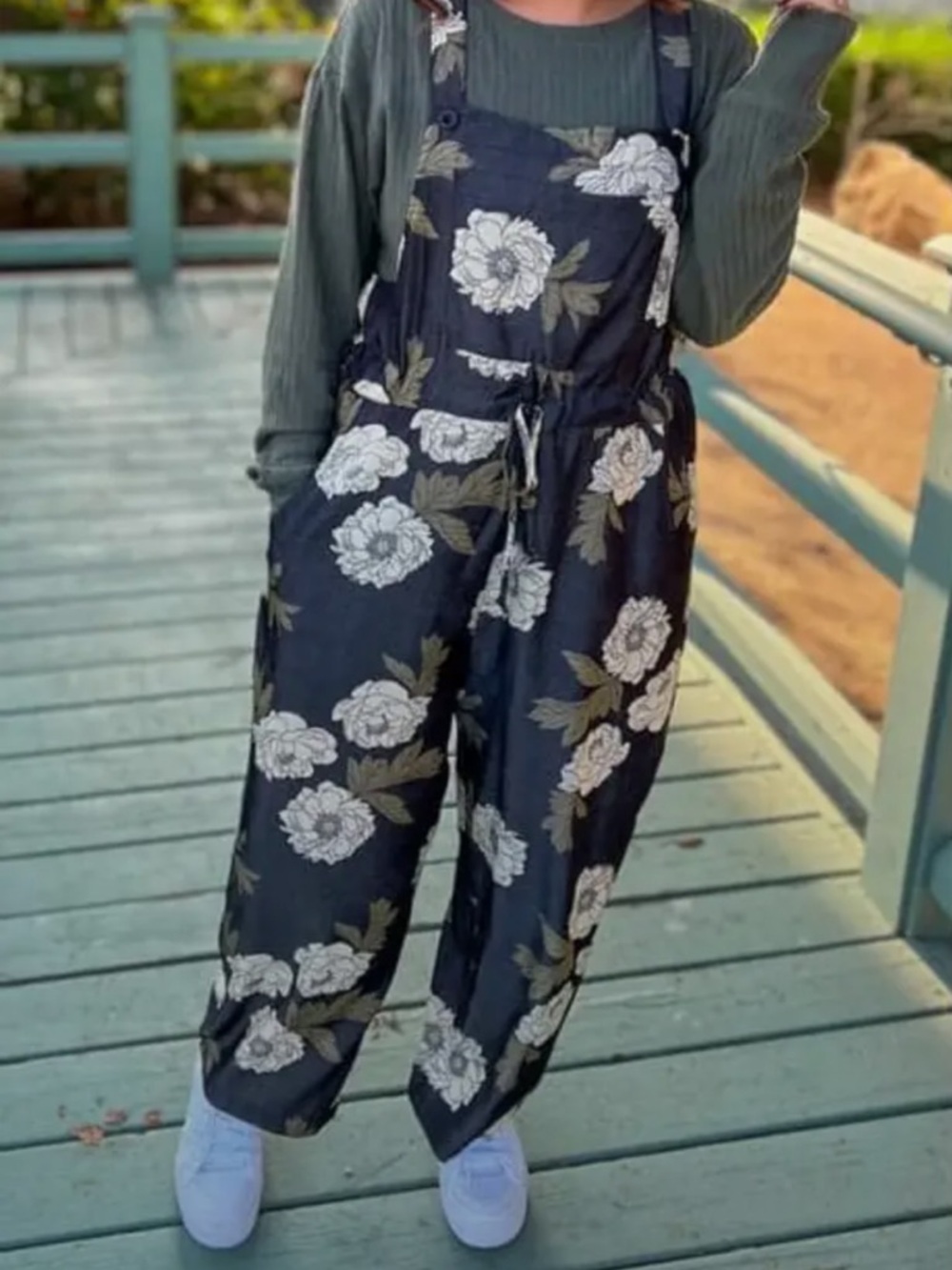 LuLaRoe Chambray  Grey Floral Tie-Waist Jumper Jumpsuit Medium